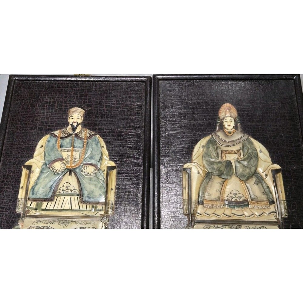 Vintage Pair Of Jade - Qing Dynasty Chinese Emperor Empress Portraits 22"/16"